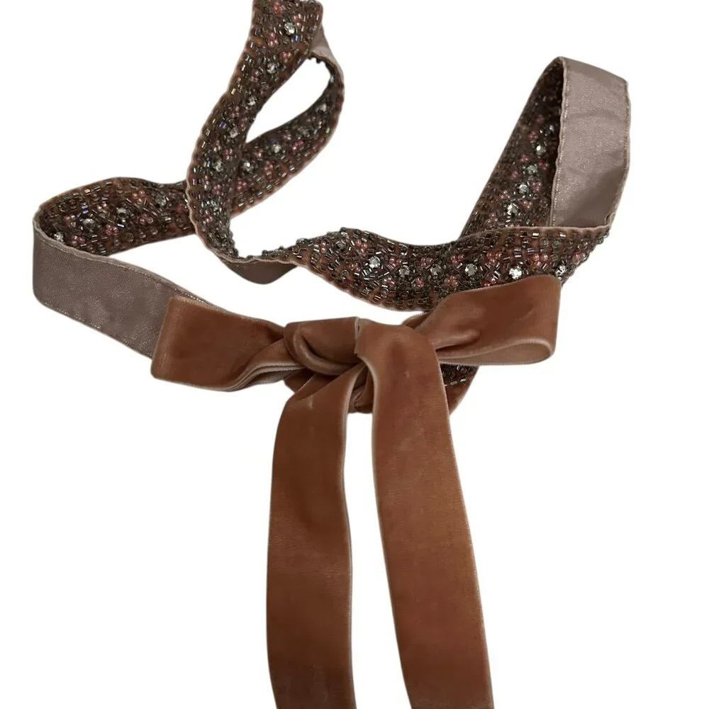 J. crew pink velvet beaded bow tie belt S - Picture 1 of 6